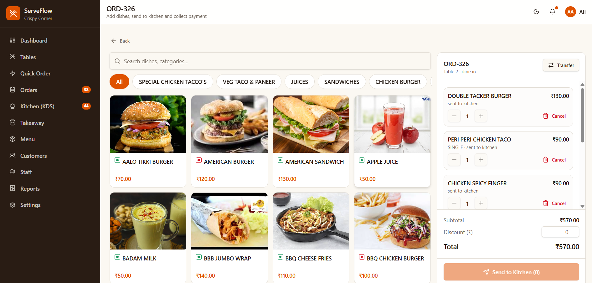 ServeFlow POS order screen with menu categories, dish cards, and a live order cart with totals