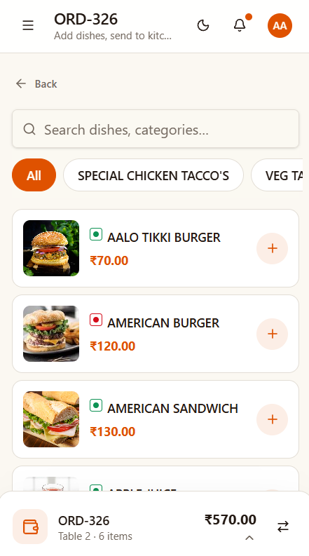 ServeFlow POS mobile order screen for adding dishes and sending orders to the kitchen