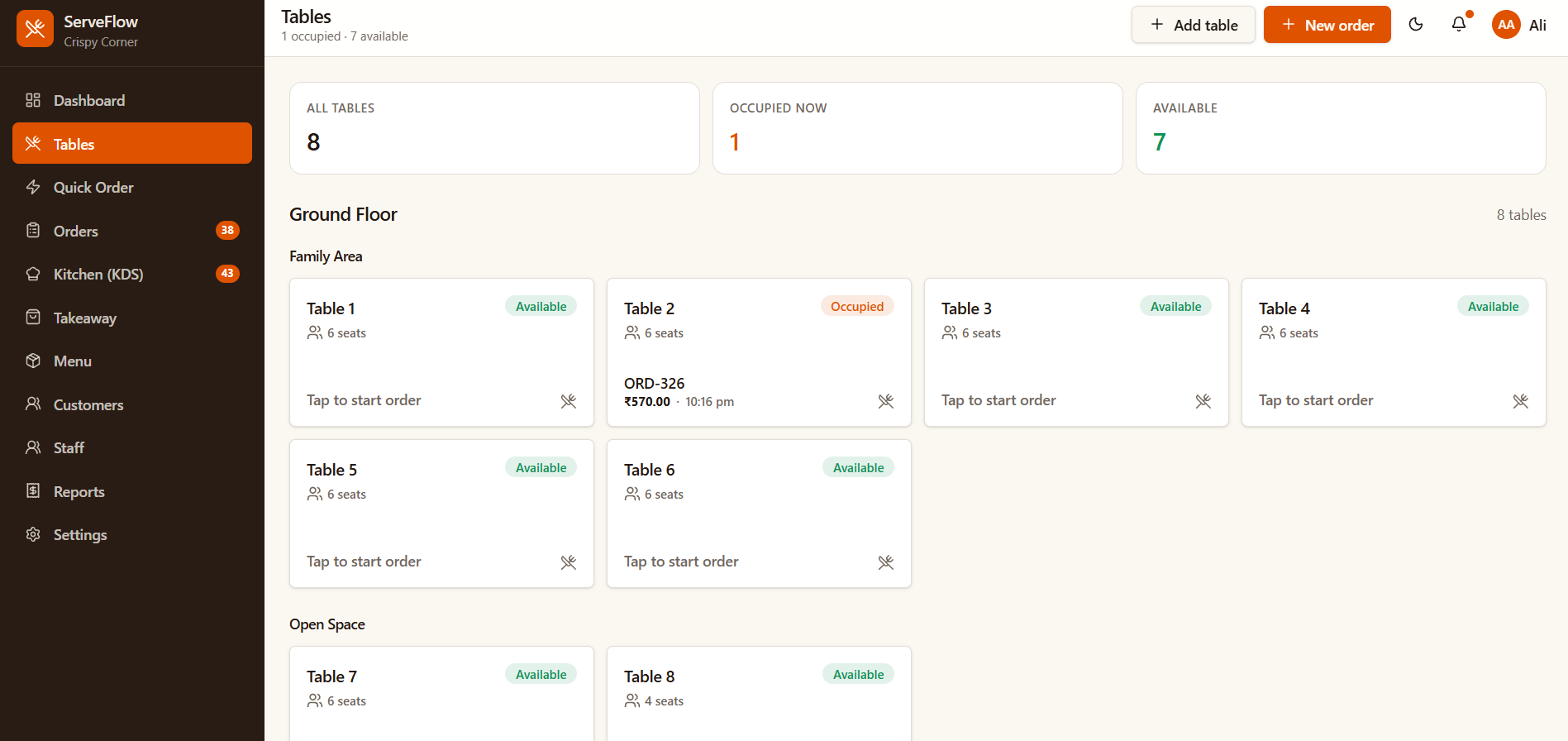 ServeFlow POS table management screen showing table occupancy and availability across the restaurant floor